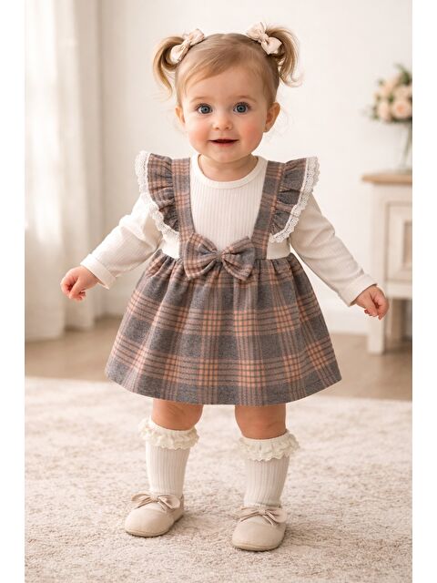 Chicsy Baby Tatlı Kız Bebek Ekose Jile Tarz Elbise Fiyonk Detaylı Fitilli B