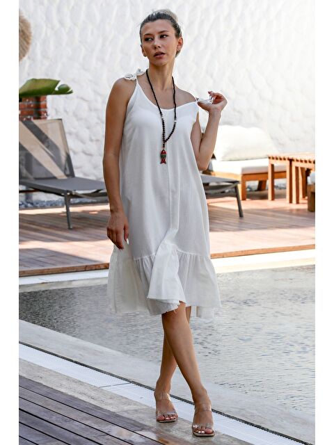 Chiccy Beyaz Askılı Yıkamalı Etek Ucu Fırfırlı Dokuma Casual Pamuklu Elbise - S000359022-20063