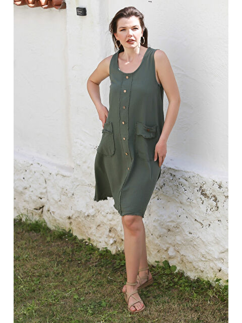 Chiccy Haki Havuz Yaka Kolsuz Düğmeli Cepli Yıkamalı Pis Dikişli Casual Dokuma Elbise 105 55 - S000367714-18547