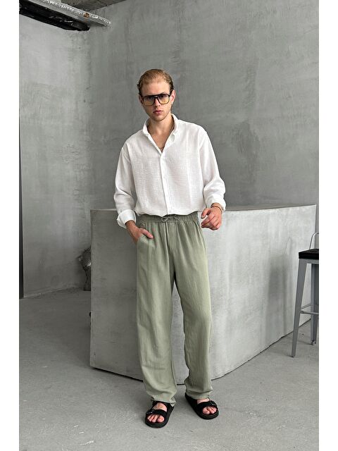 HYMAN Erkek Beli Lastikli Baggy Kalıp Keten Pantolon - S000515553-18547