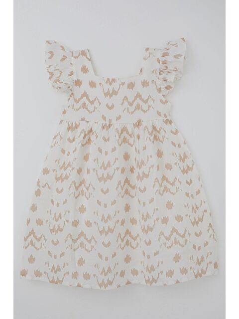 Breeze Kız Çocuk Elbise Desenli Arka Kısmı Fermuar Detaylı Ekru (8-12 Yaş)
