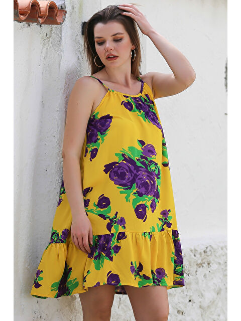 Chiccy Sarı Eteği Fırfırlı Ayarlanabilir Askılı Allover Baskılı Casual Viskon Dokuma Elbise 105 66 - S000367711-20072