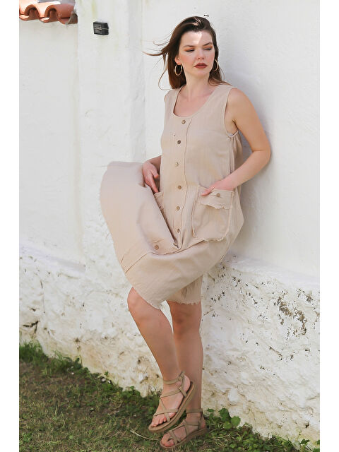 Chiccy Bej Havuz Yaka Kolsuz Düğmeli Cepli Yıkamalı Pis Dikişli Casual Dokuma Elbise 105 55 - S000367714-19928
