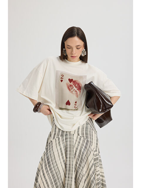 Mai Collection Two Of Hearts Oversize Beyaz T-Shirt - S000527104-20063