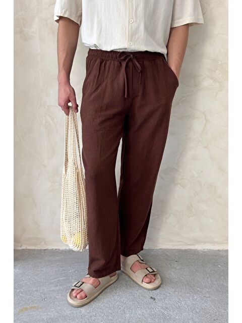HYMAN Erkek Beli Lastikli Baggy Kalıp Keten Pantolon - S000515553-19413