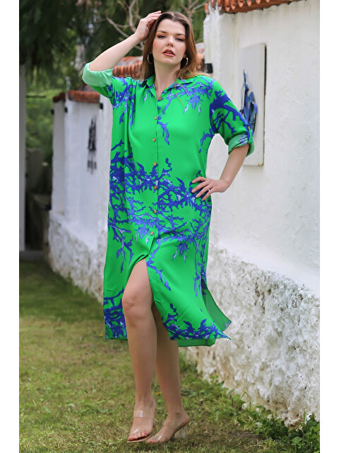 Chiccy Yeşil Gömlek Yaka Düğmeli Uzun Kollu Gizli Cepli Yırtmaçlı Casual Viskon Dokuma Elbise 125 65 - S000367737-18194