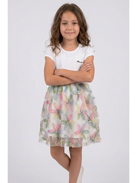 Breeze Kız Çocuk Elbise Renkli 3D Papatya Çiçek Aplikeli Pul Detaylı Ekru (4-9 Yaş)