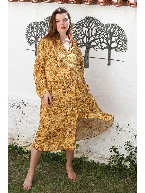 Chiccy Hardal Hakim Yaka Düğmeli Uzun Kollu Gizli Cepli Casual Viskon Dokuma Elbise 125 65 - S000367741-20074