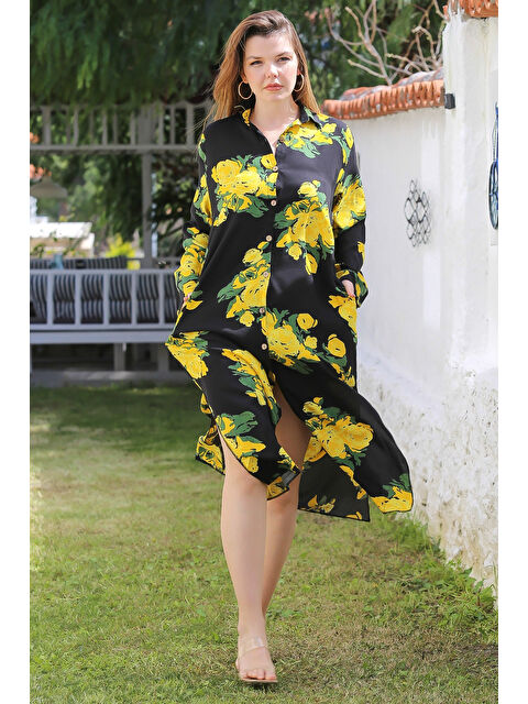 Chiccy Siyah-Sarı Gömlek Yaka Düğmeli Uzun Kollu Gizli Cepli Yırtmaçlı Casual Viskon Dokuma Elbise 125 65 - S000367742-37446