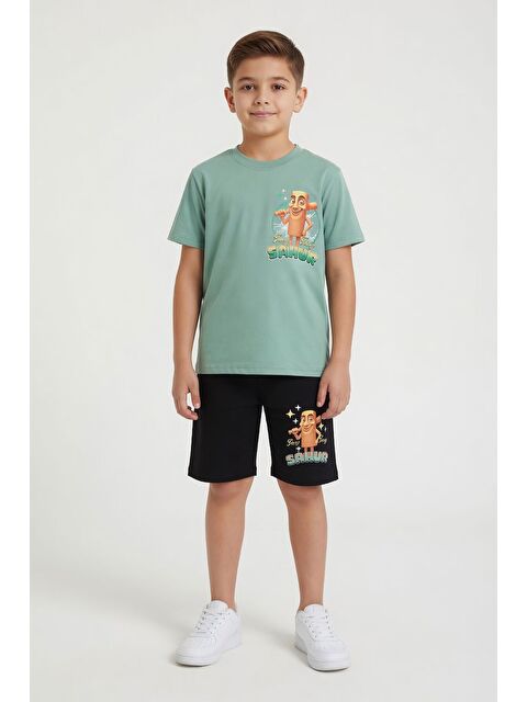 Cansın Mini Yeşil Erkek Çocuk Bisiklet Yaka Tişörtlü Şortlu 2li Baskılı Takım 23999