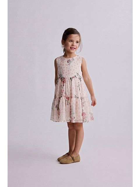 Magu Kız Çocuk Pamuklu Pudra Çiçek Desenli Kat Kat Elbise