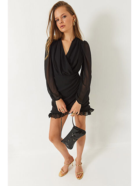 SHADE Kadın Kruvaze Yaka Büzgülü Tül Detaylı Mini Elbise - S000376430-19351