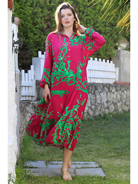 Chiccy Fuşya Gömlek Yaka Balon Kol Düğmeli Eteği Fırfırlı Casual Viskon Dokuma Elbise 120 65 - S000367737-18686