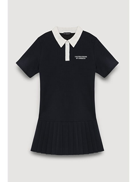 QUZU Polo Yaka Pileli Mini Elbise Lacivert - S000362125-21164