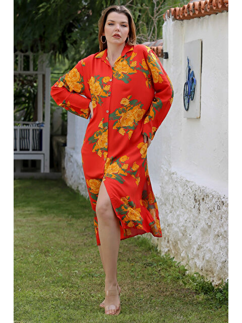 Chiccy Turuncu Gömlek Yaka Düğmeli Uzun Kollu Gizli Cepli Yırtmaçlı Casual Viskon Dokuma Elbise 125 65 - S000367742-20013