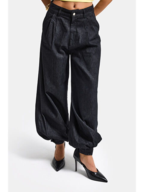 It's Basic Kadın Su Yıkama Siyah 7s6-51 Jogger Fit Paça Detaylı Özel Tasarım Denim Jean