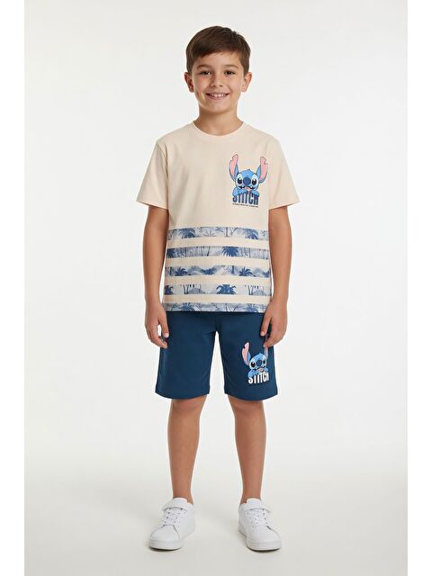 Cansın Mini Mavi Palmiye Desenli Çizgili Tişörtlü Erkek Çocuk Şortlu 2li Takım 23931