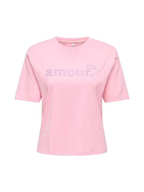 Only Onlrhine Pamuklu Boxy Fit Taş Detaylı Bisiklet Yaka T Shirt 15368901