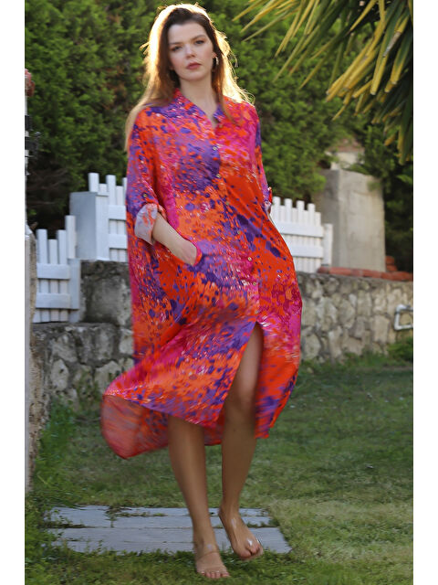 Chiccy Turuncu-Mor Hakim Yaka Düğmeli Uzun Kollu Gizli Cepli Casual Viskon Dokuma Elbise 125 65 - S000367740-6383