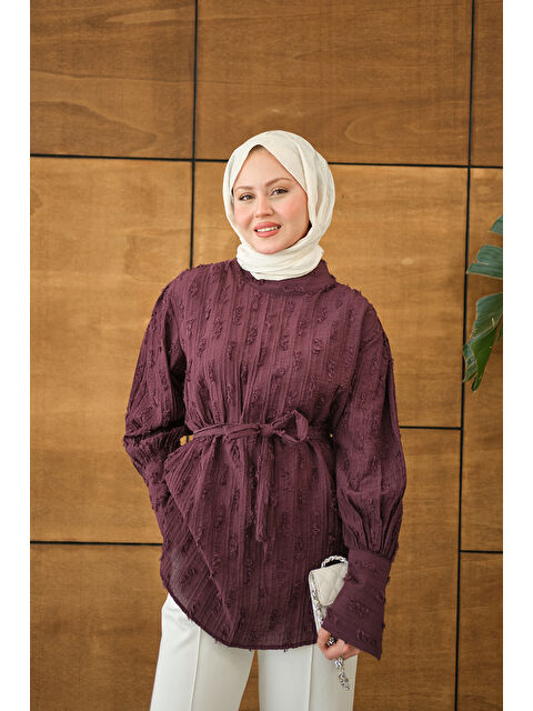 Locco Moda Kadın Kendinden Desenli Bel Bağlamalı Tunik Mürdüm - S000530223-20036