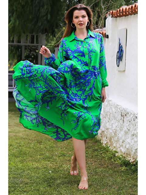 Chiccy Yeşil Gömlek Yaka Balon Kol Düğmeli Casual Viskon Dokuma Elbise 140 65 - S000367745-18194