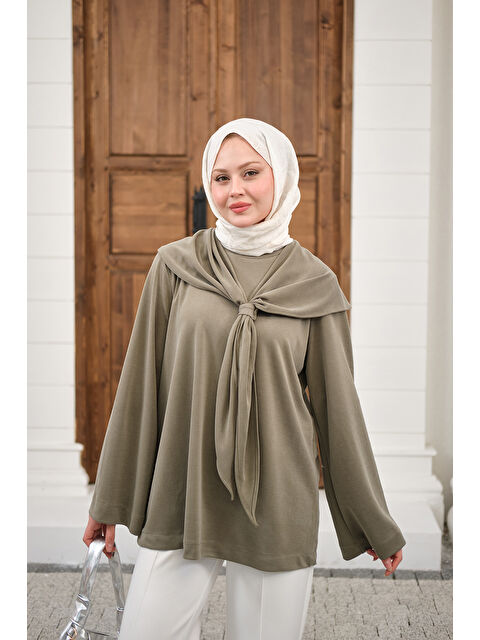 Locco Moda Kadın Yaka Pelerin Bağlamalı Bisiklet Yaka Tunik Küf Yeşil - S000530224-7484