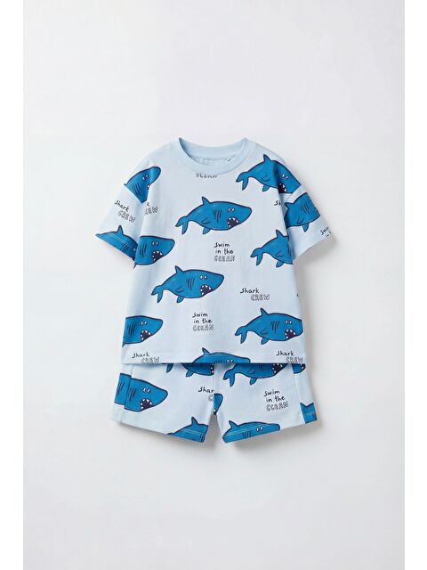 Magu Erkek Çocuk Pamuklu Açık Mavi Köpekbalığı Baskılı Tişört Şort Takım
