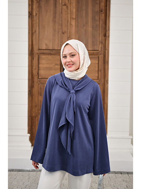 Locco Moda Kadın Yaka Pelerin Bağlamalı Bisiklet Yaka Tunik Lacivert - S000530224-21164