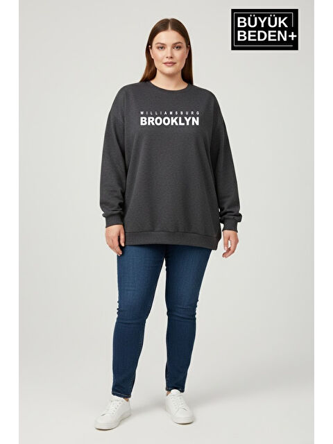 Süperlife Kadın Büyük Beden Willams Brooklyn Baskılı Bisiklet Yaka ince Sweatshirt SPR26BSW956-16