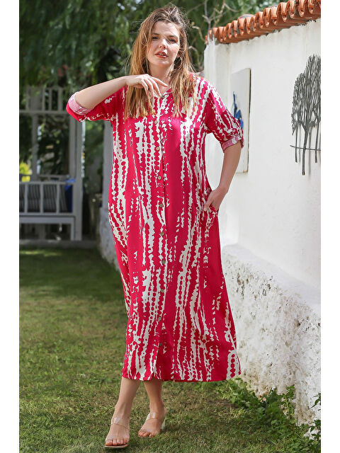 Chiccy Koyu Pembe Gömlek Yaka Düğmeli Uzun Kollu Gizli Cepli Allover Baskılı Viskon Dokuma Elbise 130 60 - S000367746-20022