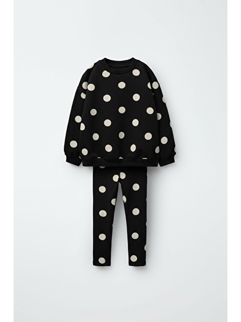 Magu Kız Çocuk Pamuklu Siyah Puantiye Desenli Sweatshirt Tayt Alt-Üst Takım - S000440438-19351