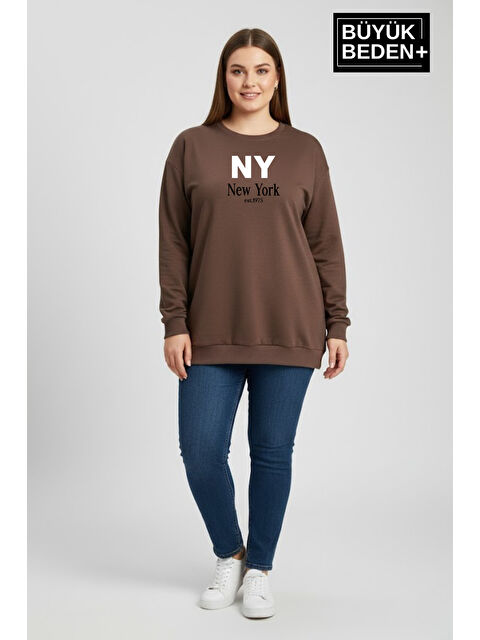 Süperlife Kadın Büyük Beden NY Newyork Baskılı Bisiklet Yaka ince Sweatshirt SPR26BSWK956-15
