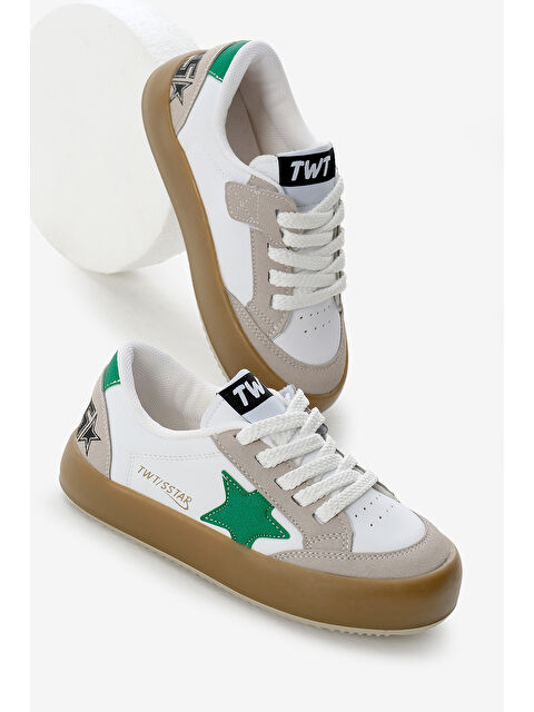 TONNY BLACK Çocuk Unisex Beyaz Yeşil Termo Taban Yıldız Detaylı Bağcıklı ve Cırtlı Spor Ayakkabı - S000493826-37251