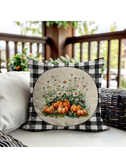 Evmila Çift Taraf Baskılı Kadife Doku Sonbahar Ve Kabak Desenli Kırlent Kılıfı - S000440781-23173