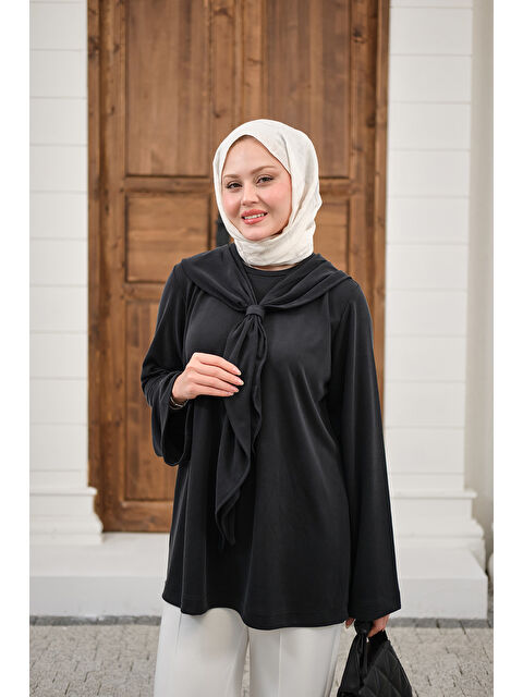 Locco Moda Kadın Yaka Pelerin Bağlamalı Bisiklet Yaka Tunik Siyah - S000530224-19351