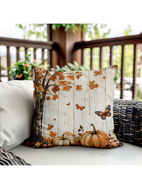 Evmila Çift Taraf Baskılı Kadife Doku Sonbahar Ve Kabak Desenli Kırlent Kılıfı - S000440782-23173