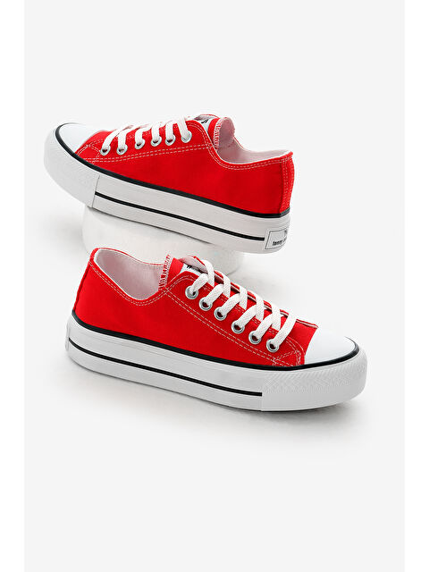 TONNY BLACK Kadın Kırmızı Termo Kalın Taban Bağcıklı Keten Spor Ayakkabı - S000493825-20045