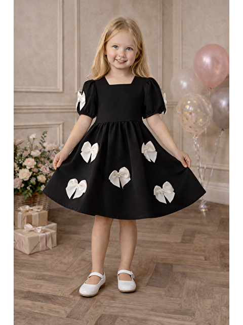 Zepkids Bisiklet Yaka İncili Fiyonklu Kısa Kol Siyah Renk Kız Çocuk Elbise