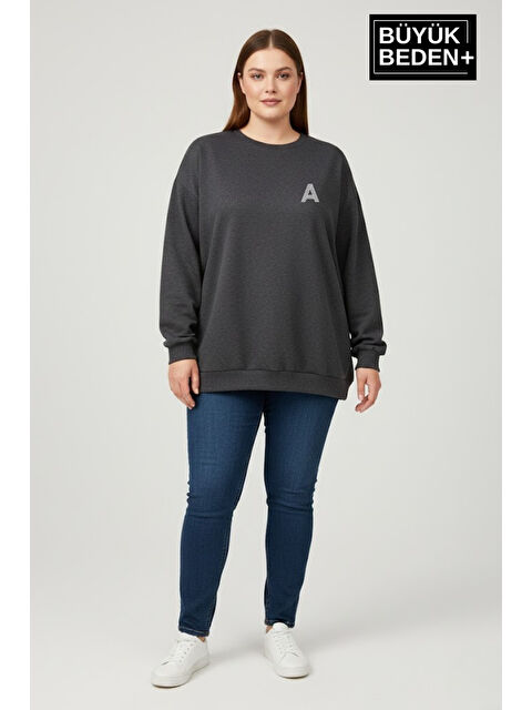 Süperlife Kadın Büyük Beden A Baskılı Bisiklet Yaka ince Sweatshirt SPR26BSWK956-12