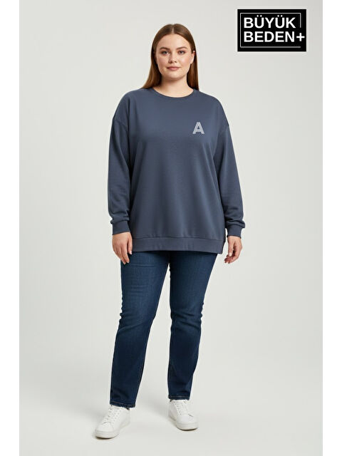 Süperlife Kadın Büyük Beden A Baskılı Bisiklet Yaka ince Sweatshirt SPR26BSWK956-12