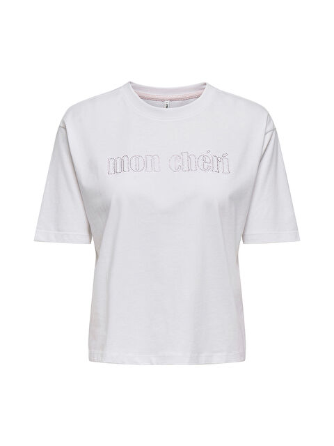 Only Onlrhine Pamuklu Boxy Fit Taş Detaylı Bisiklet Yaka T Shirt 15368901