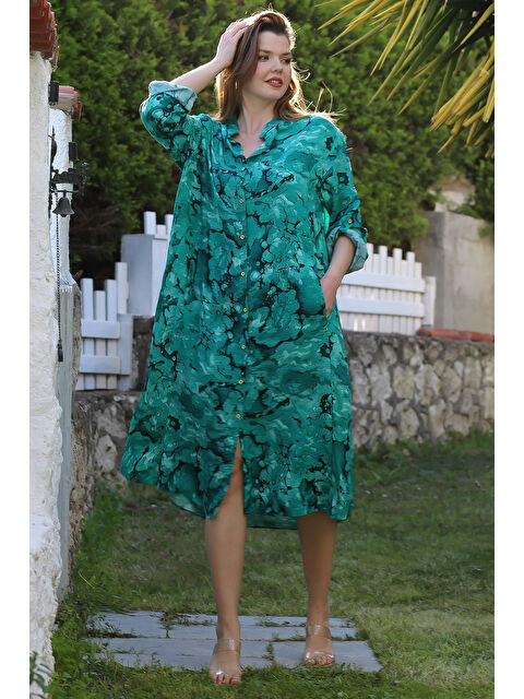 Chiccy Yeşil Hakim Yaka Düğmeli Uzun Kollu Gizli Cepli Casual Viskon Dokuma Elbise 125 65 - S000367744-18194