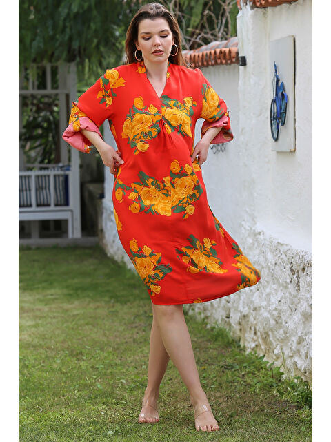 Chiccy Narçiçeği V Yaka Düğmeli Uzun Kollu Gizli Cepli Allover Baskılı Casual Viskon Dokuma Elbise 115 58 - S000367747-20048