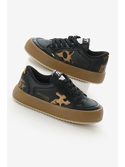 TONNY BLACK Çocuk Unisex Siyah Leopar Termo Taban Yıldız Detaylı Bağcıklı ve Cırtlı Spor Ayakkabı - S000493826-37433