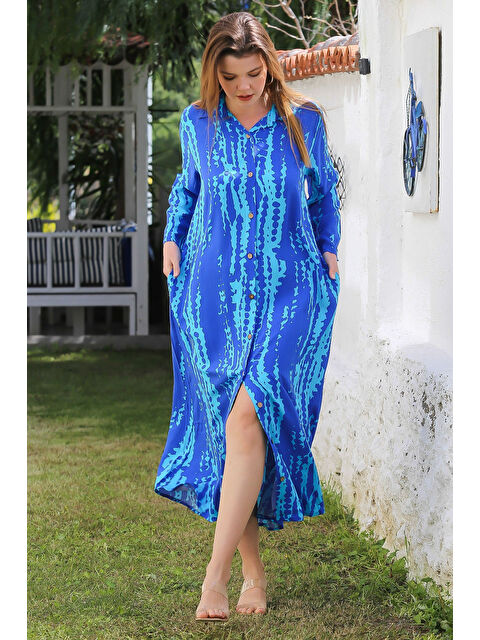 Chiccy Turkuaz Gömlek Yaka Düğmeli Uzun Kollu Gizli Cepli Allover Baskılı Viskon Dokuma Elbise 130 60 - S000367746-20055