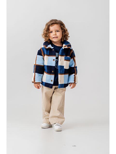 Magu Erkek Çocuk Pamuklu Mavi Kareli Desenli Polar Ceket – Cepli Düğmeli - S000440443-17234