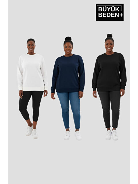 Süperlife Kadın Büyük Beden İkili Bisiklet Yaka 3'lü Set -Rahat Kalıp İnce Sweatshirt SPR26BSW956+3 - S000489638-37428