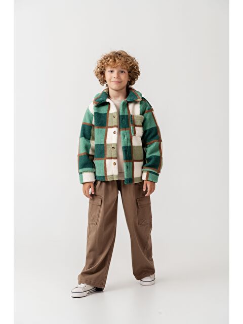 Magu Erkek Çocuk Pamuklu Yeşil Kareli Desenli Polar Ceket – Cepli Düğmeli - S000440445-18194