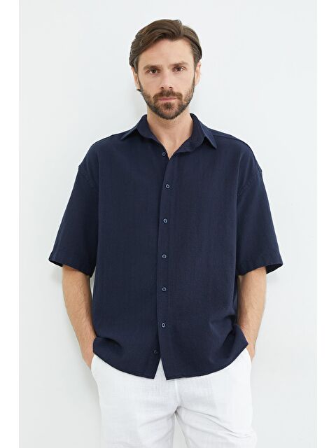 Fullamoda Keten Görünümlü Kısa Kollu Gömlek