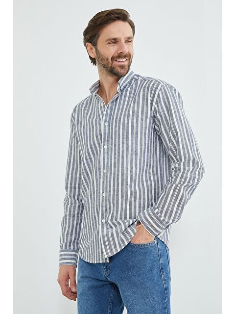 Fullamoda Çizgili Keten Görünümlü Gömlek